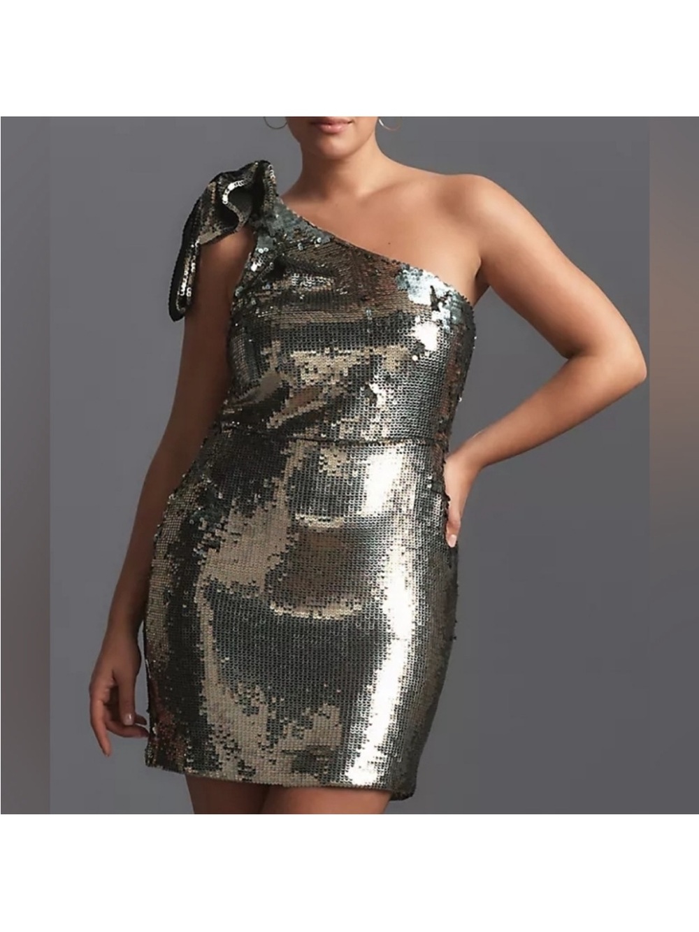 Mauve One-Shoulder Sequin Mini Dress in Metallic Green